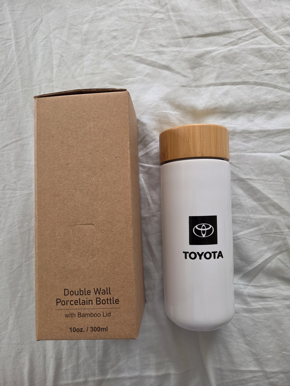 Toyota Branded White Porcelain Double Wall Bottle with Bamboo Lid